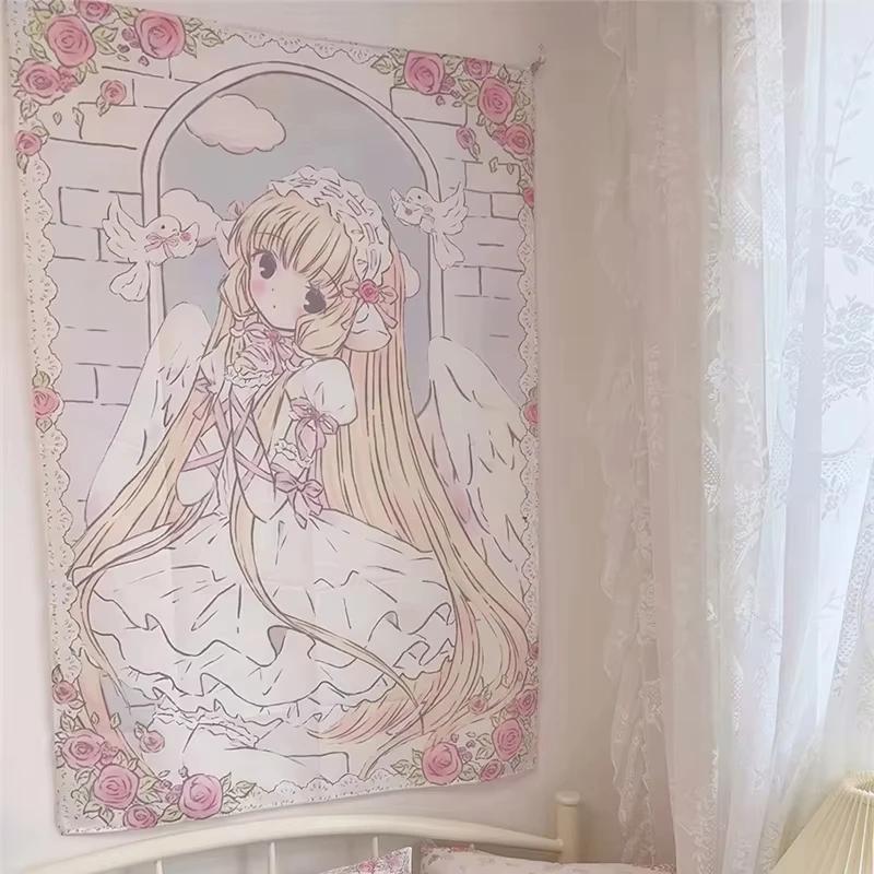 

VIKAMA Anime Aesthetic Tapestry PinkGold Lace Angel Girl Dove Arch Adorable Wall Decor Bedroom Dorm Home Decor Fabric Artwork 74x94cm(29x37in)