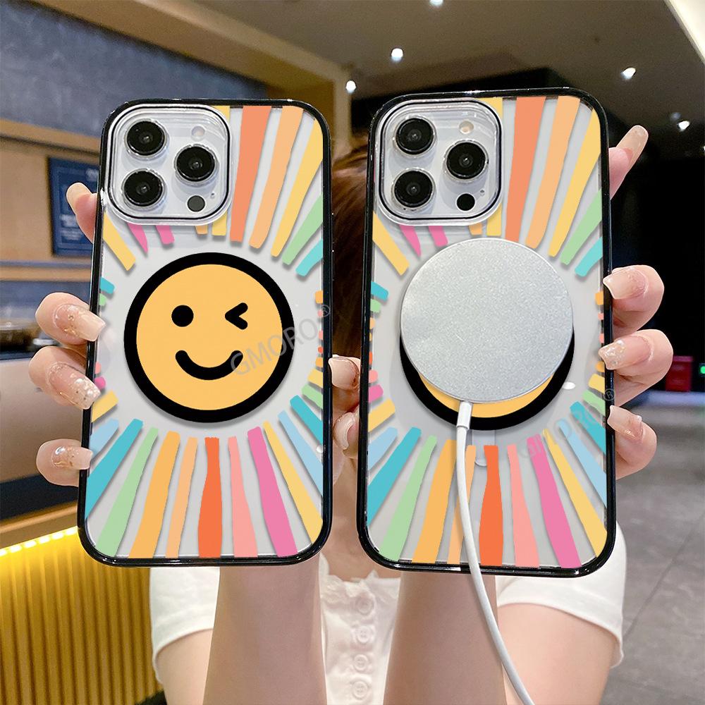 Rainbow Smiley Face Apple 16promax Mobile Phone Case Girl Ip17 Anti-drop 15pm Magnetic Attraction 15 Super Fire 13 Acrylic