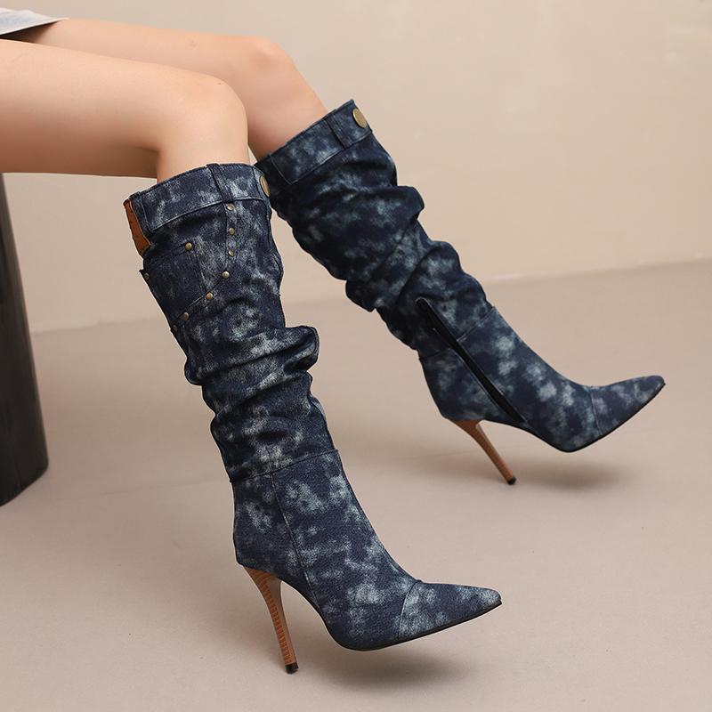 Women's High-heeled Boots Sexy European and American Style Pointed-toed Thin-heeled Large-size Cowboy Mid-boots