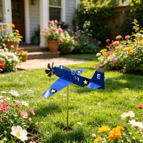 Metal Airplane Weathervane, Outdoor Garden Wind Spinner, Rotating Aircraft Yard Art Stake, 3D Kinetic Wind Sculpture for Patio, Lawn, Porch