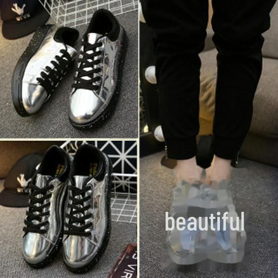 

Мужская весенняя спортивная обувь: Модные корейские повседневные туфли из лакированной кожи на толстой подошве, блестящий британский стиль. 42 серебряный