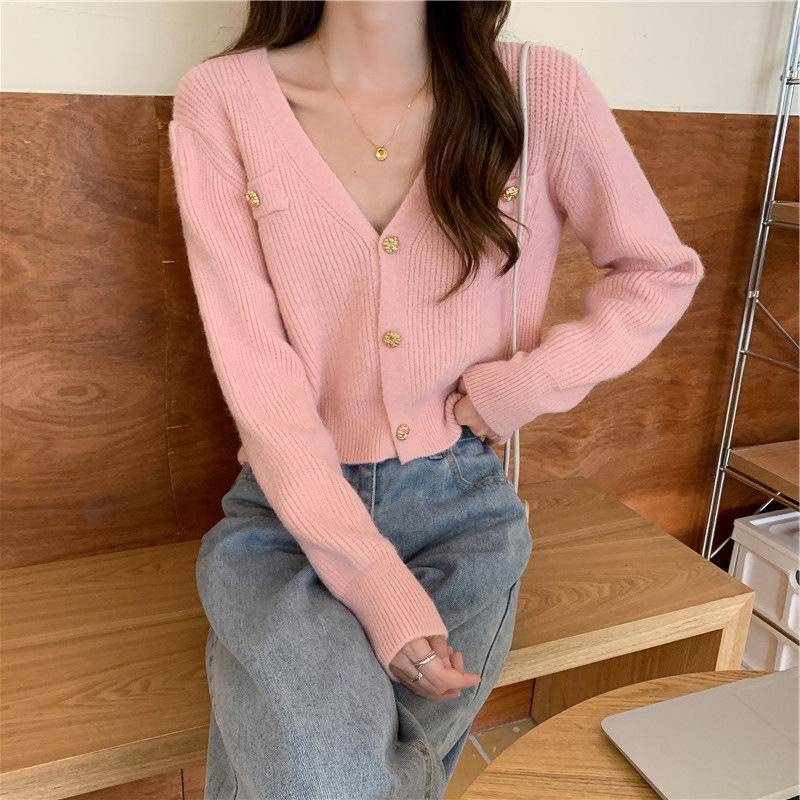 

QICED Маленький ароматный ветер короткий топ весна и осень уникальный нишевый красивый иностранный стиль вязаный V-образный вырез длинный рукав кардиган свитер для женщин Uniform size розовый