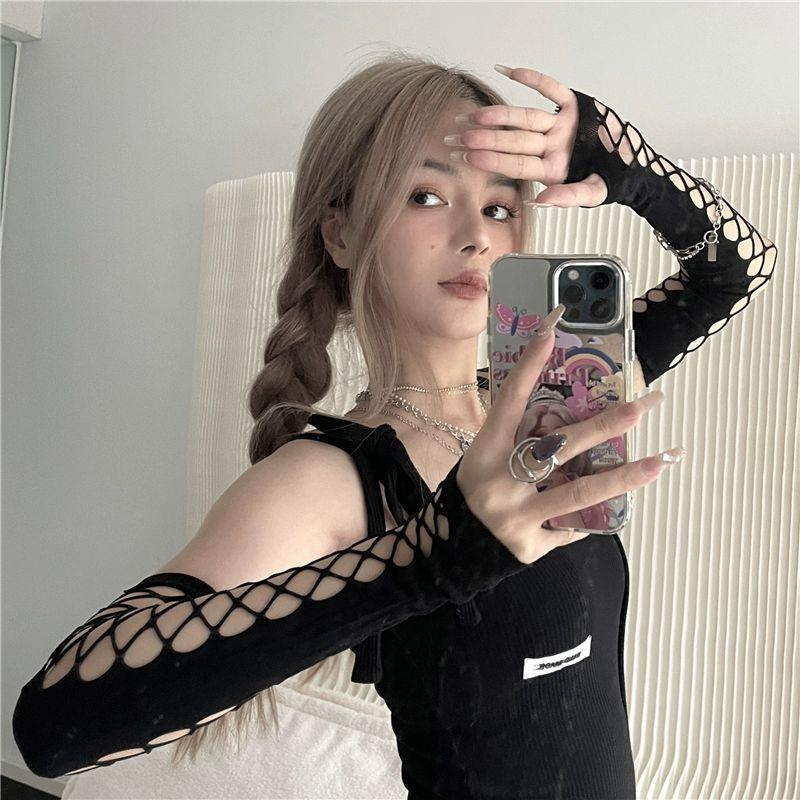 

Рваные полые нарукавники длинные Y2g гяру рыболовная сеть рукава без пальцев митенки Black All yards