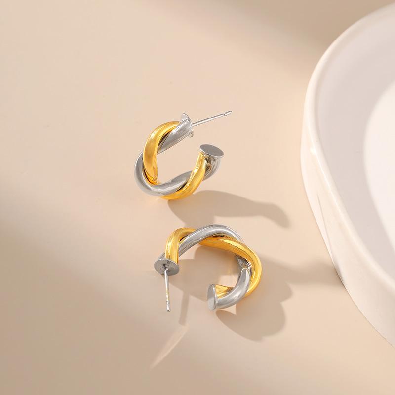 Hiphop Gold Silver Mixed Color Twisted C Shaped Cross Earrings 18k Gold Plated For Women