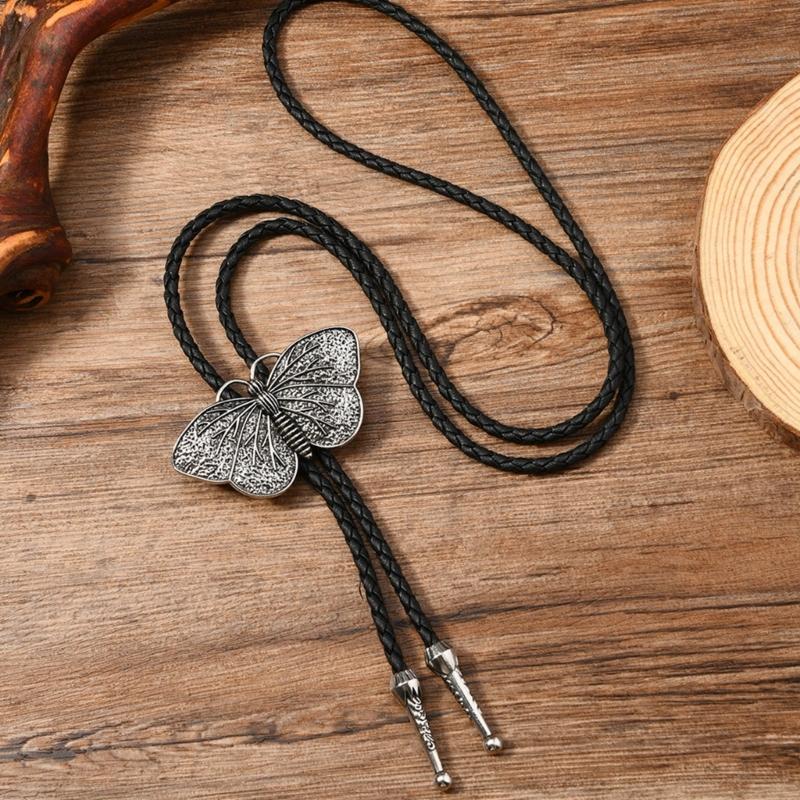 Bolo Tie Cowboy Costume Accessory for Men and Women Adjustable Length Vintage Metal Butterfly Pendant Necktie Necklace