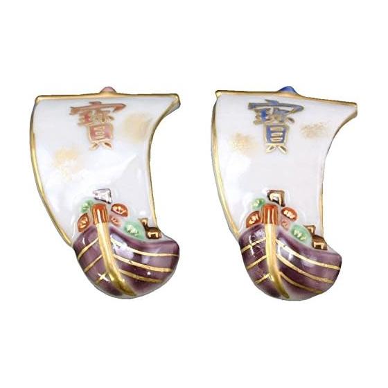 Kyo-yaki Kiyomizu-yaki Porcelain Chopstick Rests (Pair) - Treasure Ship Design (het429) - Hand-painted, Lucky Charm for Success, New Business,