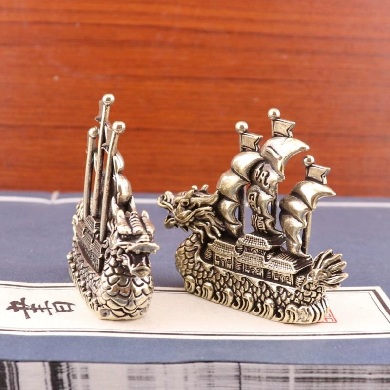 2026 Brass Dragon Boat Feng Shui Wealth Luck Mini Ornament for Office Desktop Living Room Home Decor Smooth Sailing Design