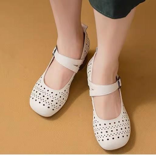 Pantofi unici Doudou retro de vară, pantofi noi de primăvară și vară pentru femei, cu vârf rotund și talpă plată, sandale cu gură joasă, pantofi unici cu talpă moale