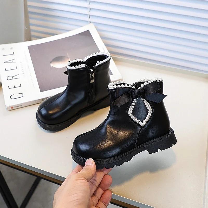 

Модные ботильоны для девочек, милые шикарные детские зимние ботинки, элегантные универсальные детские повседневные хлопковые ботинки с бантом на молнии 26 чёрный