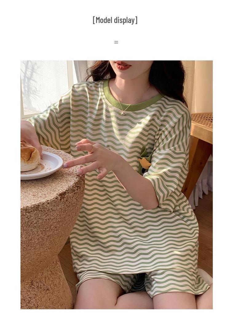 2025 Women's Short-Sleeved Summer Pajamas with Chest Pads - Cute Cartoon Style