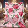 A 2D Foundation-red Powder Rose and Green Leaf Pattern Flannel Blanket, Featuring Soft High-definition Digital Printing, a Cooling Blanket Suitable Fo