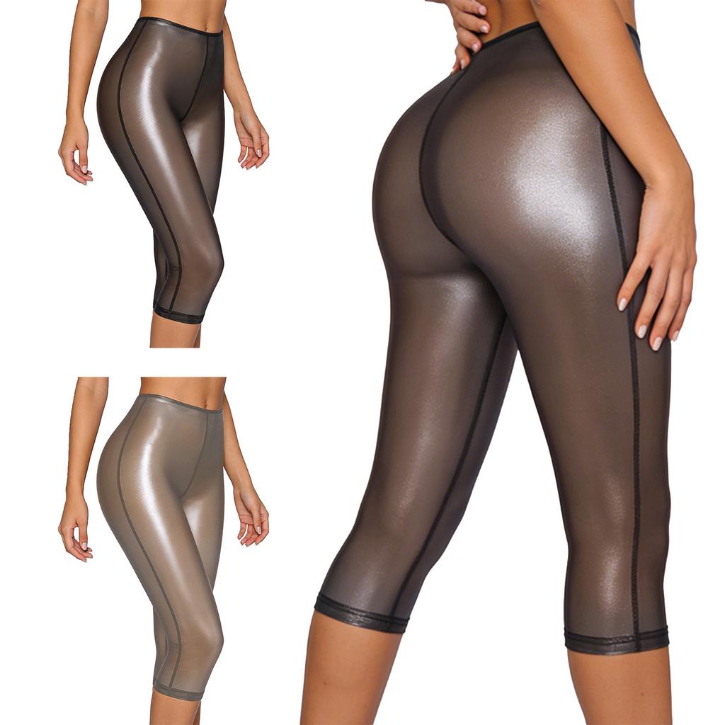 Women Metallic Shiny High Waist Capri Pants Semi-Transparent Tights Cover-Up Pants for Rave Nightclub Party
