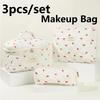 3 PCS/Set Women Quilted Makeup Bag Cherry Pattern Cosmetic Handbag with Clutch Bag & Pen Case Large Capacity Travel Storage Bags