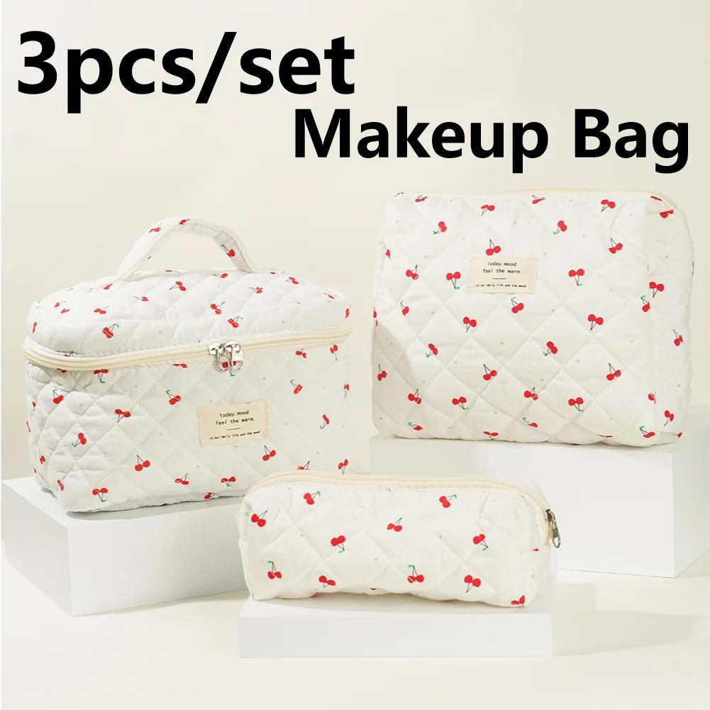 3 PCS/Set Women Quilted Makeup Bag Cherry Pattern Cosmetic Handbag with Clutch Bag & Pen Case Large Capacity Travel Storage Bags