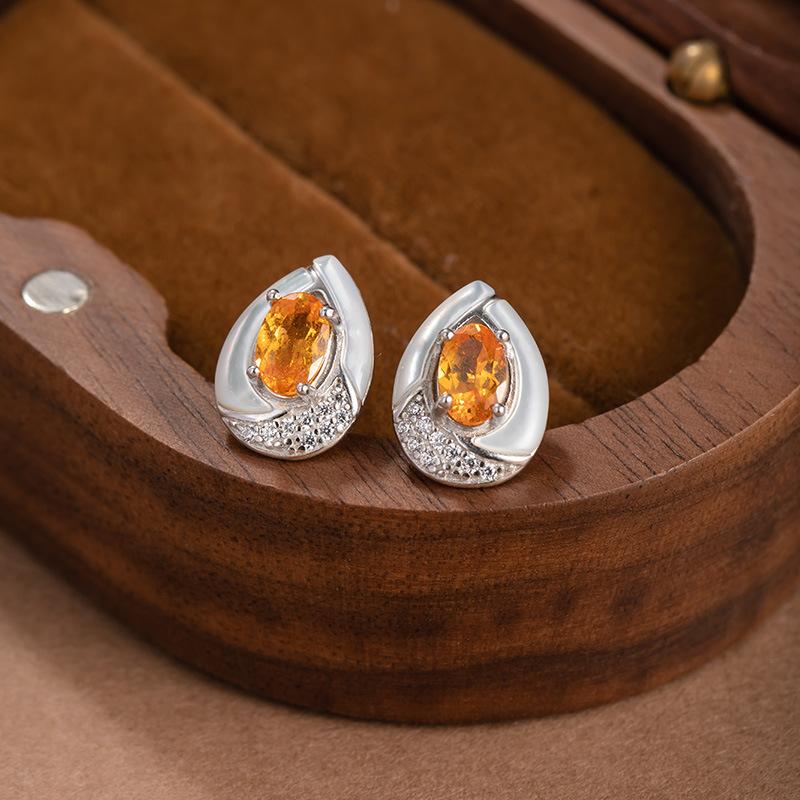 Natural Fanta stone stud earrings, sterling silver s925 French retro elegance, high-end sense, niche design sense, light luxury accessories gifts 925 silver