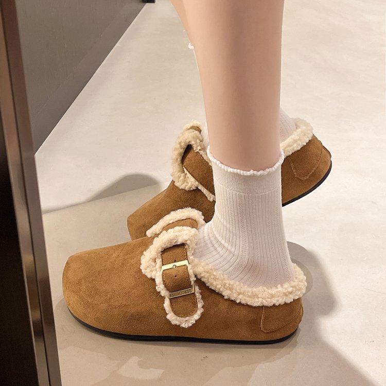 Baotou Boken Fluffy Slippers Women Wear Fleece Warm One Pedal Internet Celebrity Autumn and Winter 2025 New Cotton Slippers