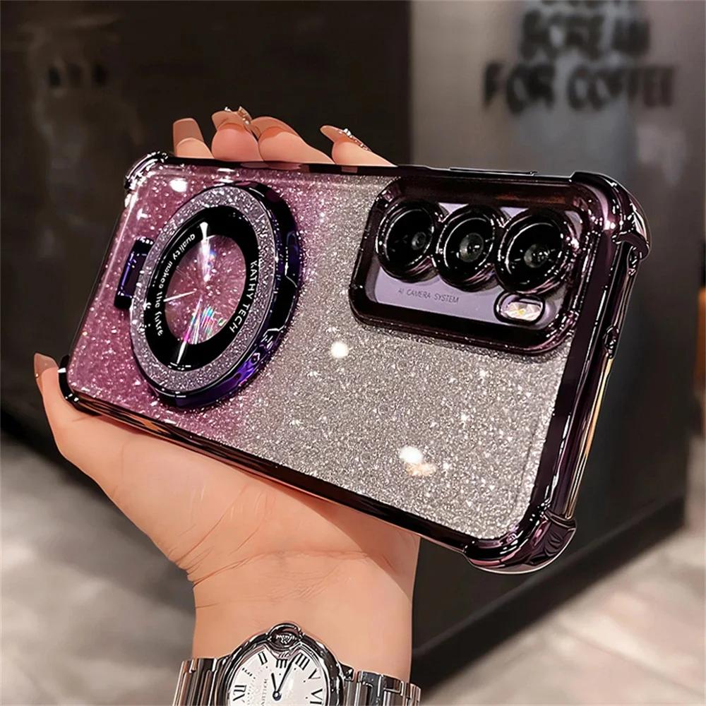 Glitter Bracket Mirror Holder Case for Samsung Galaxy S26FE S25FE S24FE S23FE S21FE Magnetic Stand Clear Gradient Soft Cover