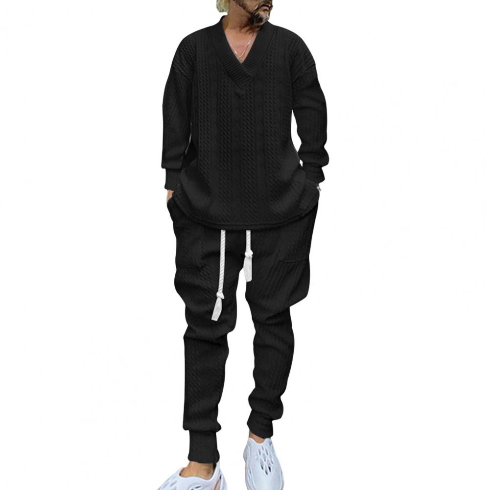 

2Pcs/Set Men Sportswear Suit V-Neck Long Sleeve Tops Elastic Drawstring Waist Sweatpants with Pockets Set Twist Texture Leisurew M чёрный