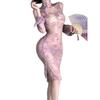 Sexy Lace Purple Dress Elegant Pure Desire Sleepwear Cheongsam Set Hot Girl Hollow Out See-through Women Mesh Lace Sheer 4G0R