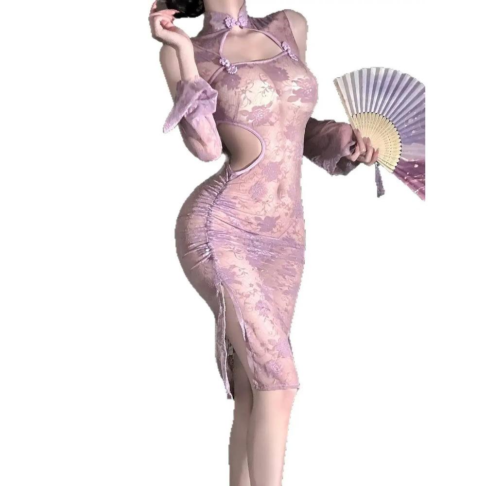 Sexy Lace Purple Dress Elegant Pure Desire Sleepwear Cheongsam Set Hot Girl Hollow Out See-through Women Mesh Lace Sheer 4G0R