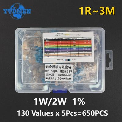 650pcs 130Values 1W 2W Metal Film Resistor Assorted Kit 1% 1R~3M Ohm Resistors Assortment Kits Sample Pack , with Box
