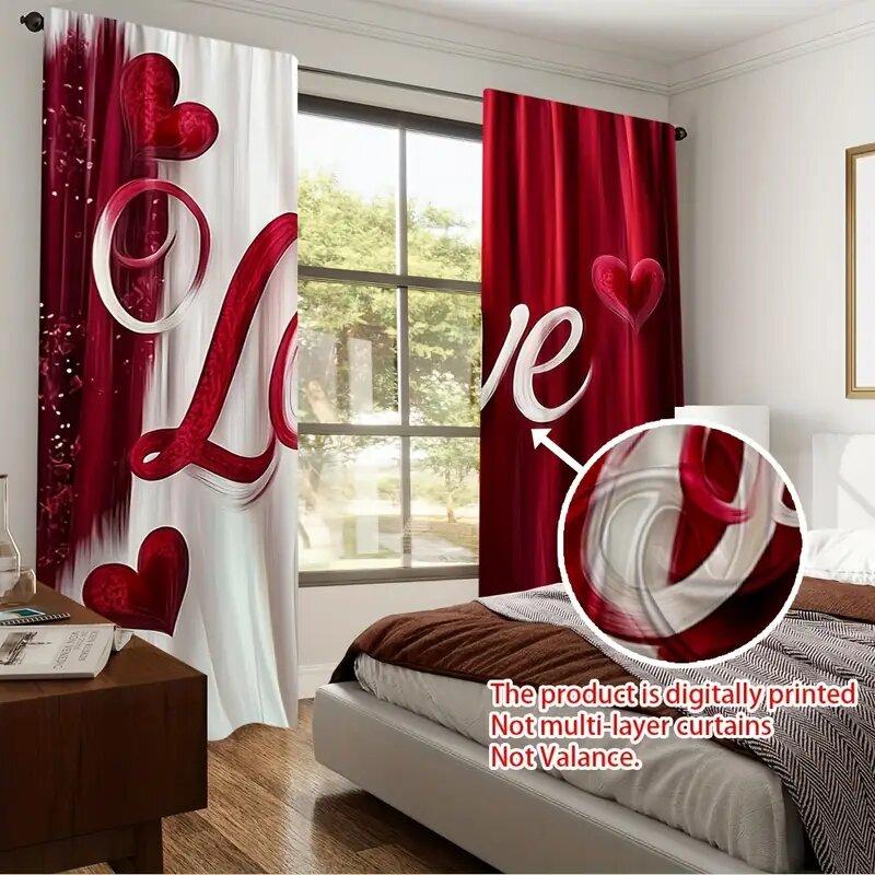 2 Stück - 2D flach bedruckte romantische rot-weiße Musterdruckvorhänge, Fensterdekoration, Heimdekoration, Raumdekoration