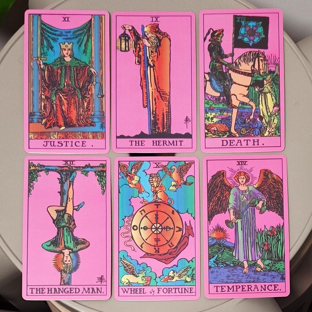Pink Neon Tarot Deck 10.3*6cm - 78 Classic Rider-Waite Smith Cards Vibrant Trippy Design
