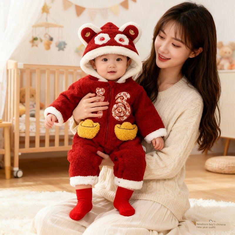 New Year Greeting Outfit for Baby Boys, Red New Year Clothes, Winter Thickened One-Year-Old Boy's Birthday Outfit, One-Piece Romper
