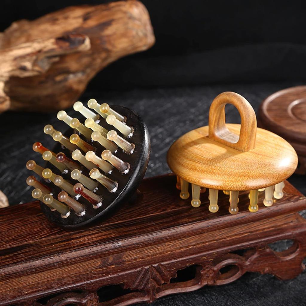 Natural Horn Massage Comb Scalp Massage Meridian Scraping Head Massager Gua Sha Sandalwood Brush,Green Sandalwood