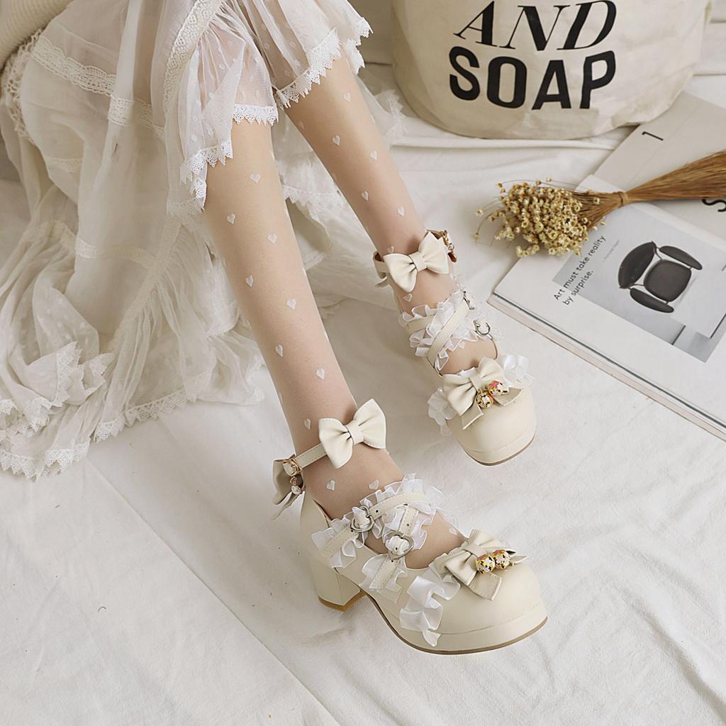 Lolita Shoes Women High Heels Pendant Lace Straps Bow Cute Girls Princess Tea Party Pumps Students Lovely Plus Size 34-48