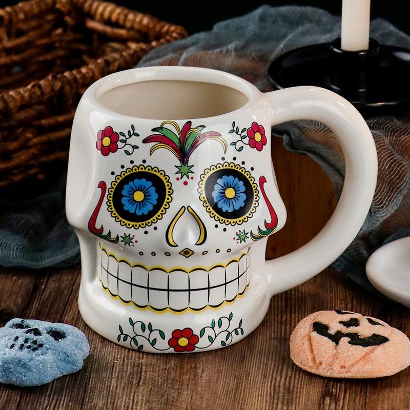 

1pc 12oz Halloween Ceramic Skull Coffee Mug Unique Style Home Beverage Cup with Handle for Tea & Hot Chocolate 301-400ml синий
