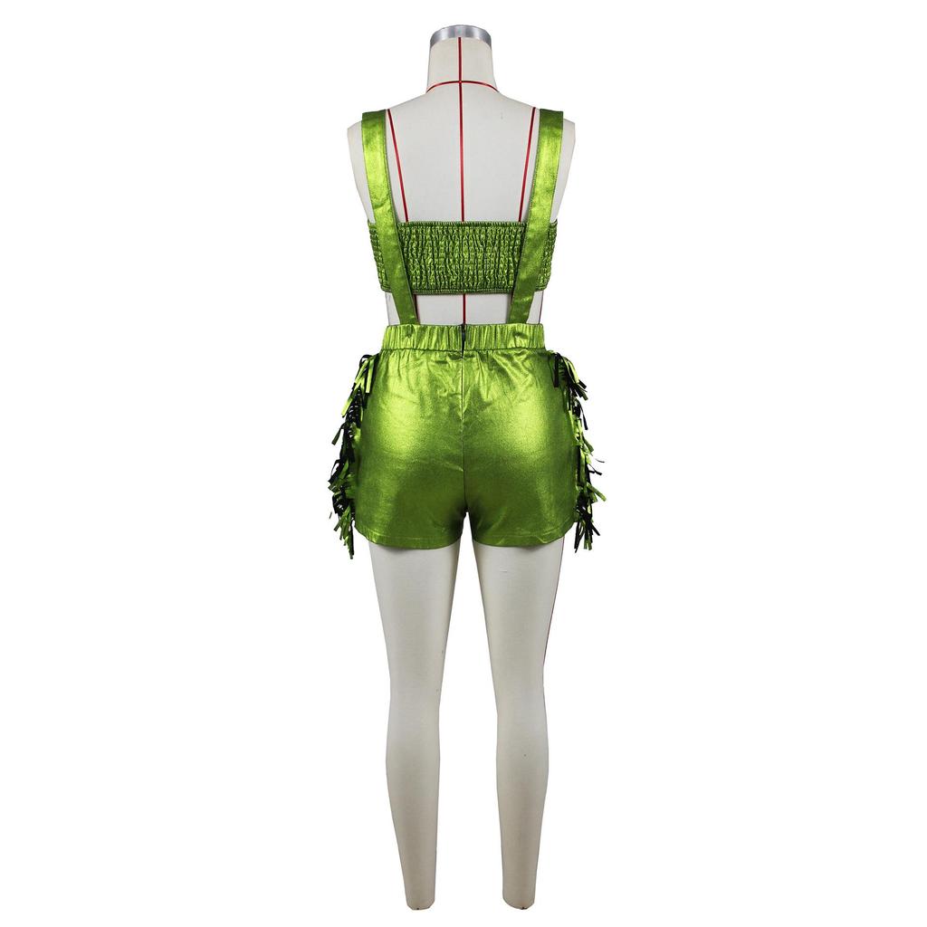European and American Women’s Metallic Bandeau Fringe Suspender Shorts Set
