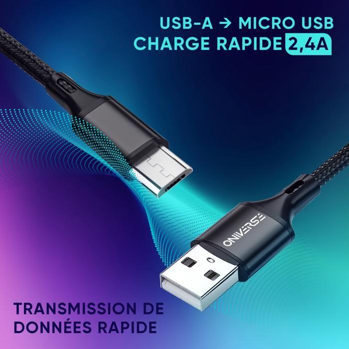 Câble USB - Oniverse - Micro USB - 3m - Charge Rapide 2.4A - Compatible PS4, Xbox One, Android, PC - Noir