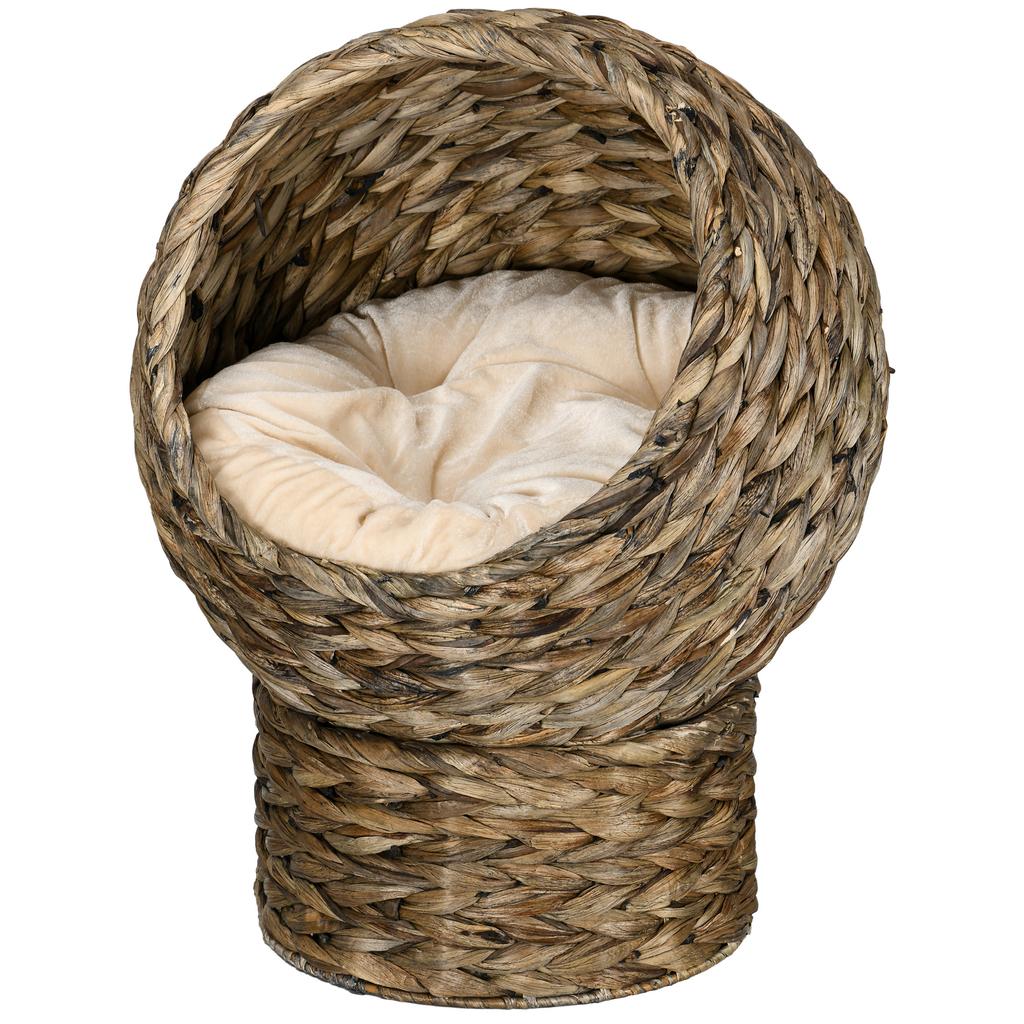 Woven Banana Leaf Elevated Cat Bed Wicker Kitten Basket Pet Den. House Cosy Cave with Soft Cushion Dome 40x37x51cm Grey