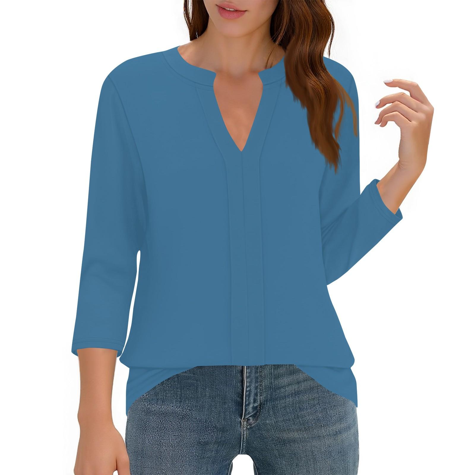 Women s Tops Casual Three-quarter Sleeve V-Neck Color Pleated Loose Top L