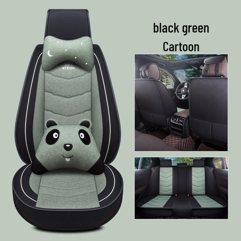 Full Coverage Linen Cartoon Panda Car Seat Cushion - Universal Fit, 2020