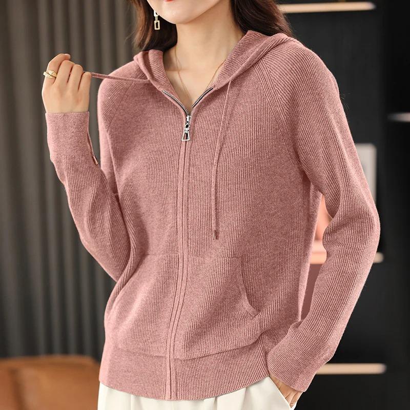 Damen Herbst Winter Wollmischung Pullover Mit Kapuze Verdickt Gestrickt Reißverschluss Strickjacke Mit Tasche Basis Mantel