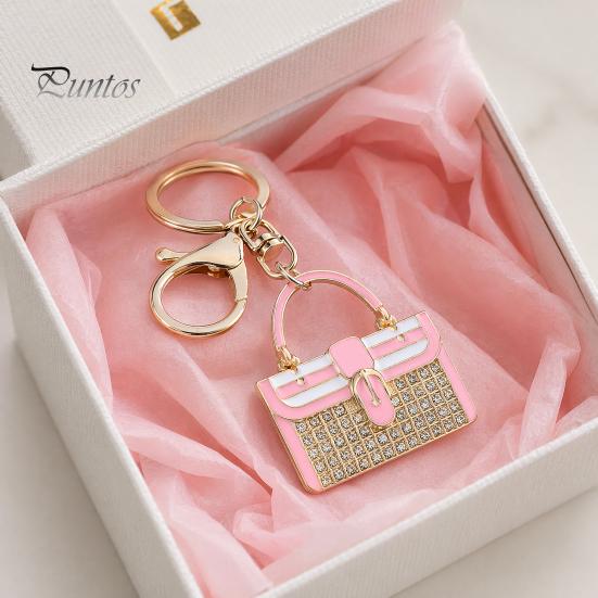 Rhinestone Keyring Keychain Pendant, Enamel Simulated Handbag Shape Key Holder with Lobster Clasp, Shiny Girly Gift Accessory Prong Setting