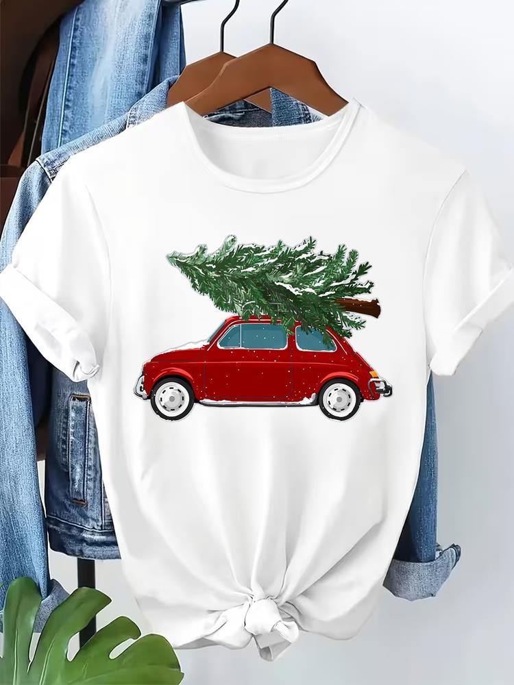 (Asian Size) Leopard Tree Cute 90s T Shirt Print Fashion Merry Christmas Women's Top Short Sleeve T-shirts O-neck Casual New Year Clothing Graphic Tee