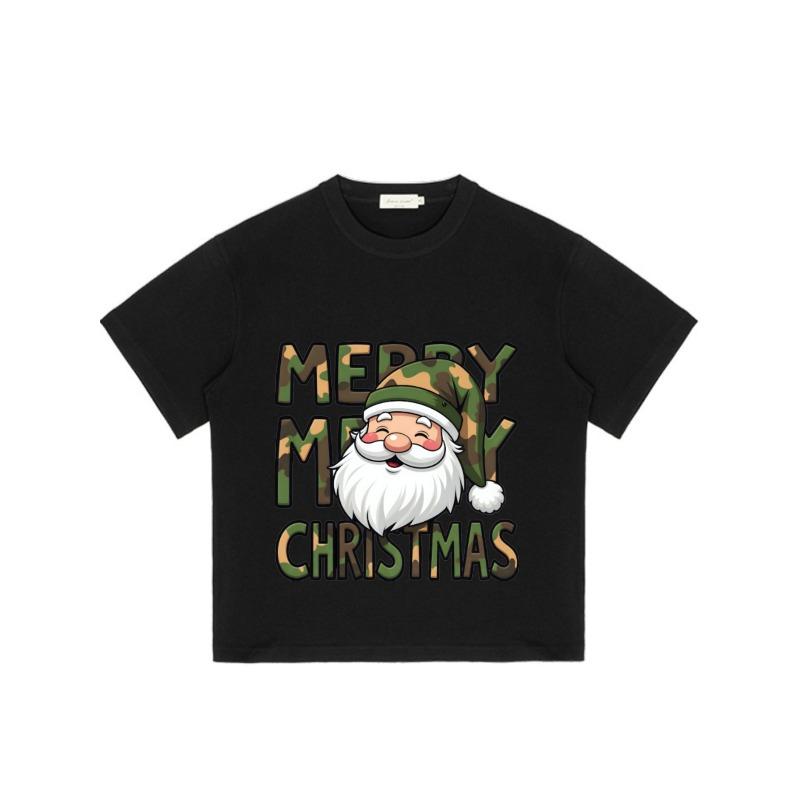 Christmas T-Shirt Black Camouflage Santa Claus Merry Christmas Print Holiday Party Wear