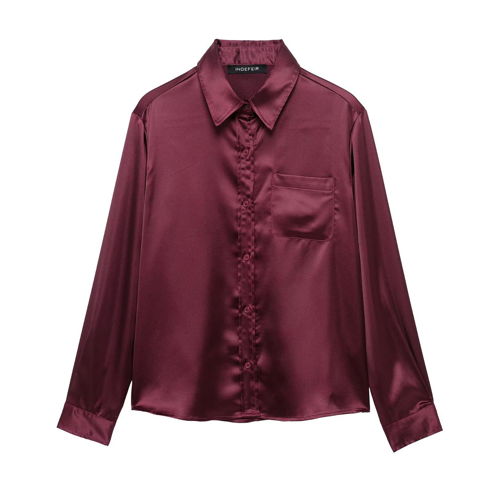 

Весна 2025 Женская европейская и американская шелковая атласная приталенная прямая рубашка Large красный