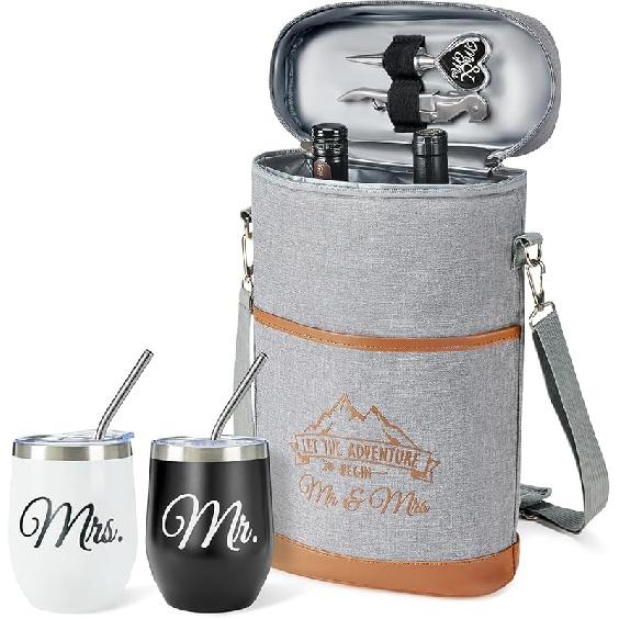 AW BRIDAL Engagement Gifts for Newlywed Couples 2025, Mr and Mrs Wine Gift Basket for Wedding Bridal Shower, Anniversary Insulated Wine Cooler Bag MR & MRS серый