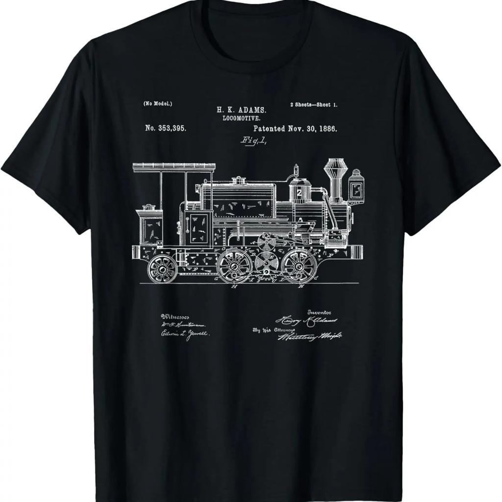 Vintage T Shirt Patent Print 1886 Steam Train Locomotive Vintage Washed Streetwear Stylish Graphic Soft Top For Everyday Wear