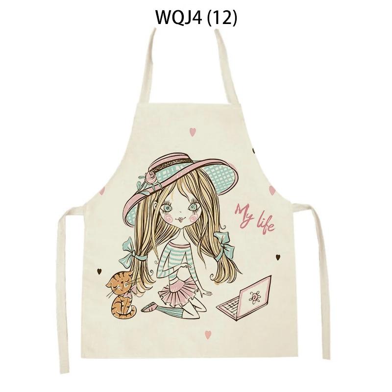 Lovely Cartoon Girl Pattern Linen Sleeveless Kitchen Aprons Women Men Home Cooking Baking Waist Bib Pinafore Antifouling Apron