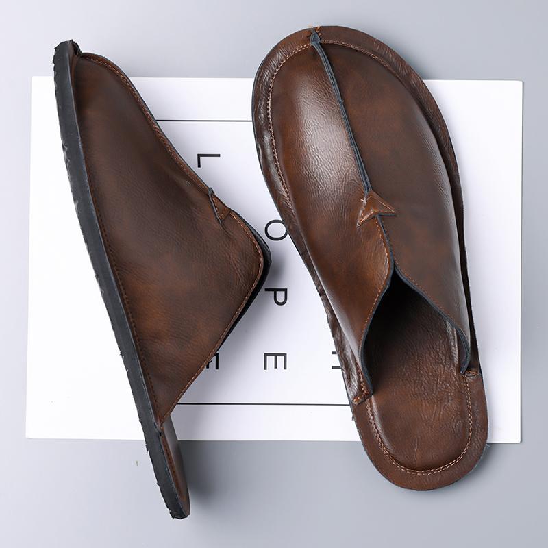 Herren Pantoffeln Handgemacht Einfache flache Sandalen Braunes Leder Schwarze Sommer Römische Sandalen Geschlossene Zehen Strand Schuhe Übergröße