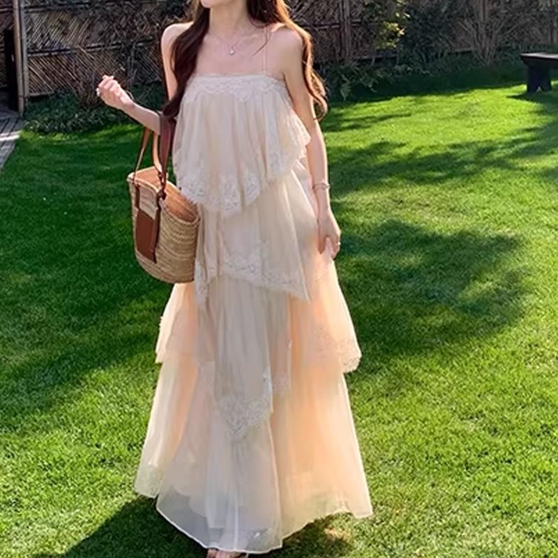 Romantic French Lace Backless Fairy Dress for Vacation Medium