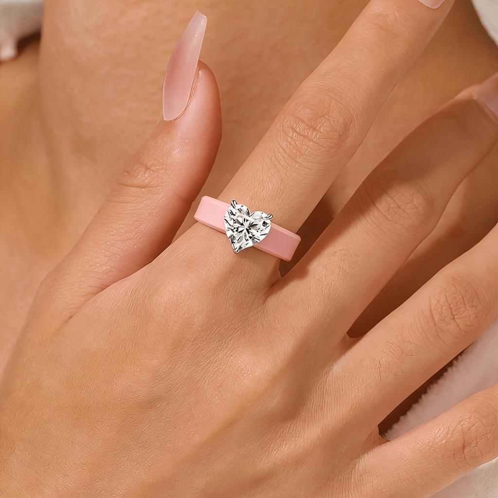 Elegant Pink Silicone Ring 3-Prong Clear Heart Solitaire CZ,Dainty Casual Engagement Jewelry For Ladies