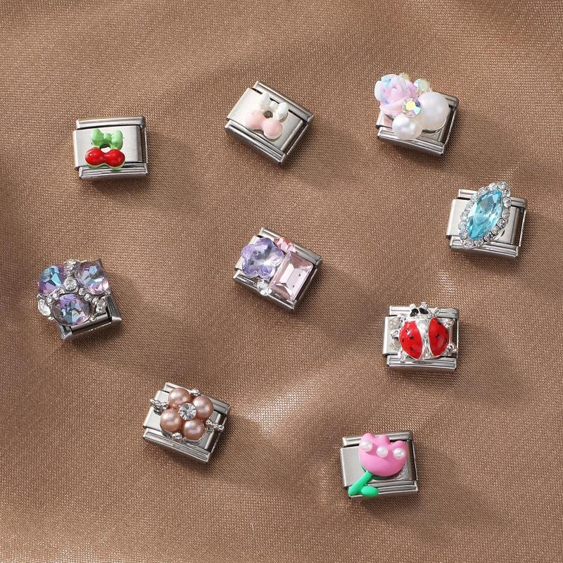 Fashion Cherry Flower Heart Star Dreamy Shiny Zircon Y2K Italian Charm Links Fit 9mm Bracelet Stainless Steel DIY Making Jewelry