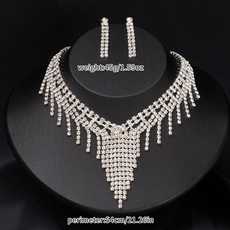 Exquisite Luxury Temperament Necklace Earrings Set Banquet Dress Full Diamond Fringe Jewelry Fashion Versatile Bridal Jewelry