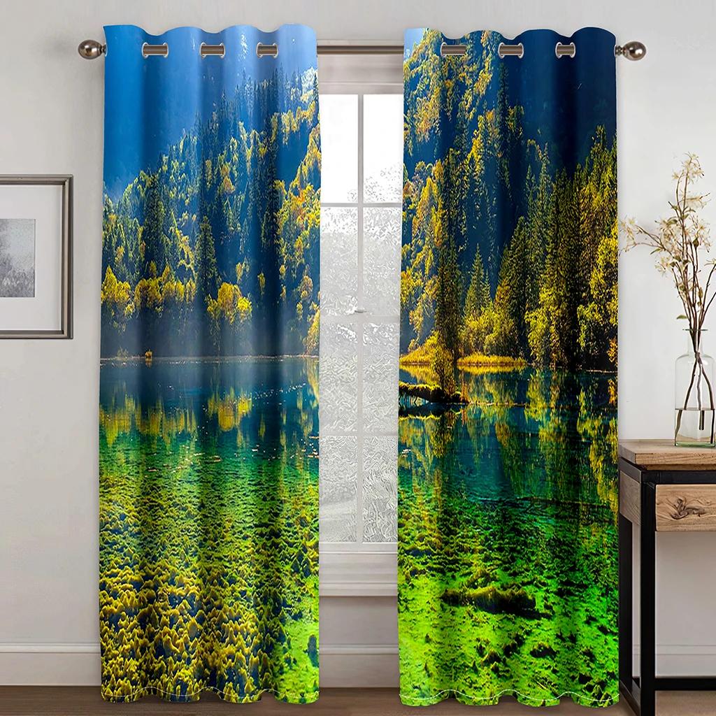 Sunshine Snow Mountain Lake Water Waterfall Natural Scenery High Shading Curtain Bedroom Living Room Hotel Window 2 Panels